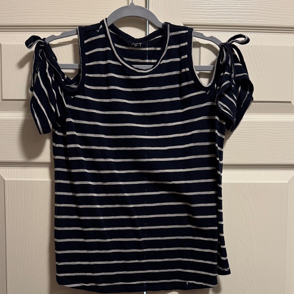 LOFT Navy and White Striped Cold Shoulder Tank Top